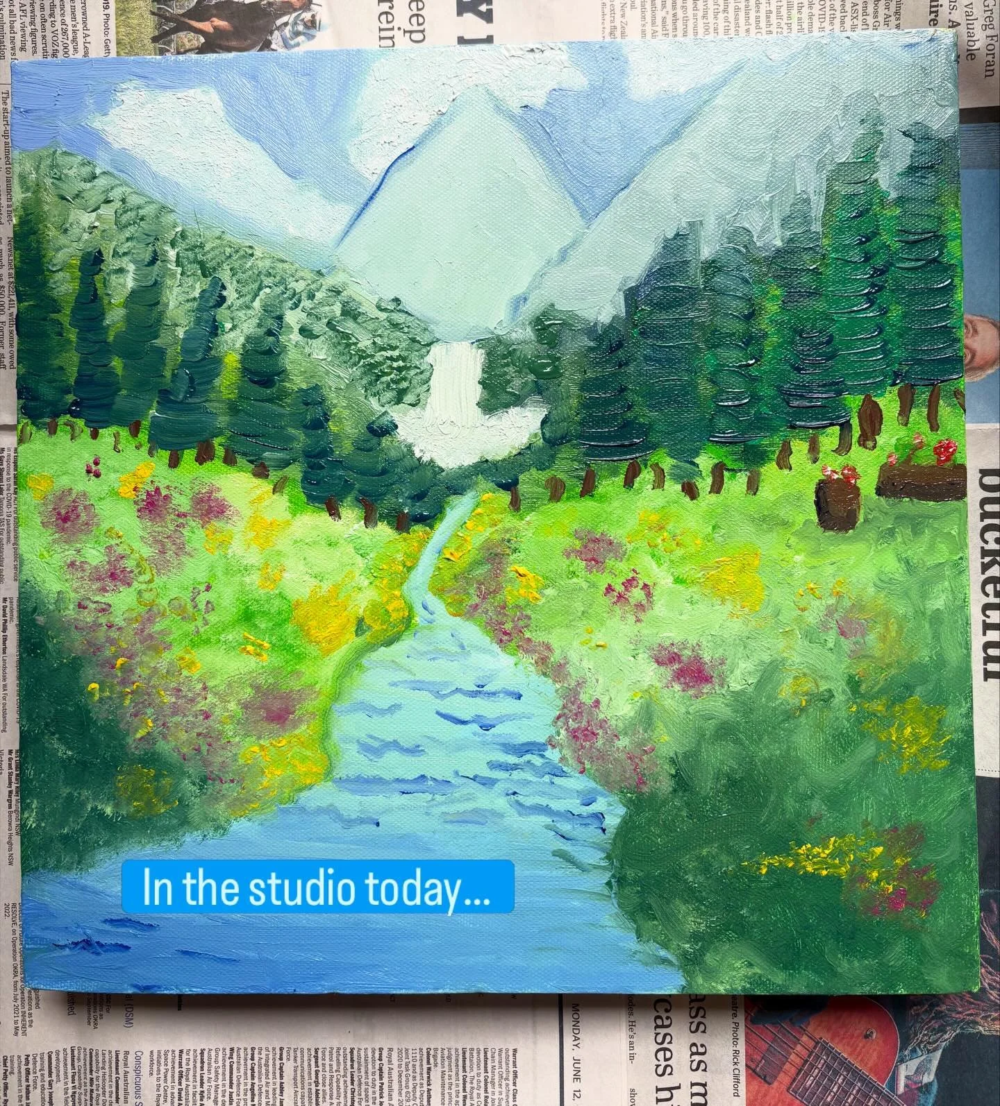 Buzz aged 8 created a beautiful landscape complete with waterfall, flowers and mushrooms over two lessons these school holidays. This one is painted in oils on canvas. 

So much talent for someone so young! 

www.jessicaharrisart.com.au/education