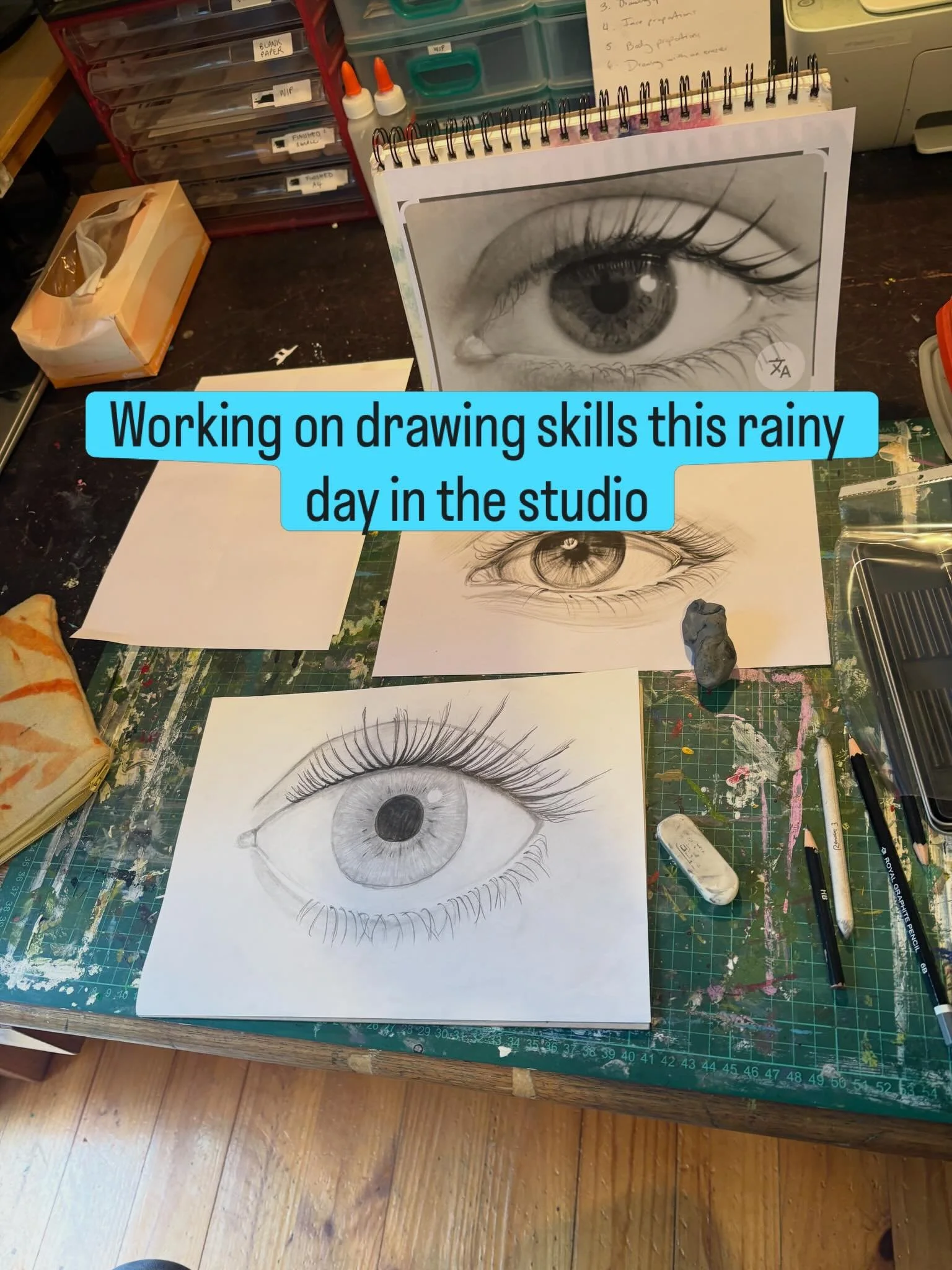 Mackenzie aged 13 is wanting to improve her drawing skills. Today was her first class learning about different pencils, basic shading and sketching techniques. She is pretty proud of the finished product because eyelashes are hard!