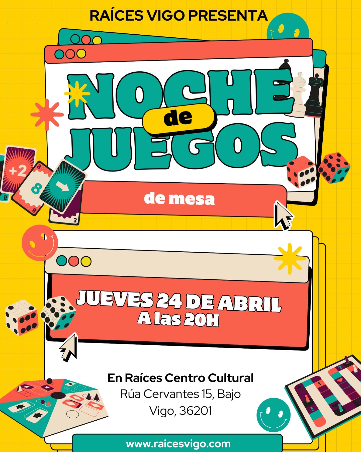 Noche de Juegos de Mesa ♟️ 🎲 🃏
Esta jueves las 20h ven a Raíces para un tiempo divertido jugando varios juegos de mesa.
¡No te lo pierdas!
Encuéntranos en:
📍 Rúa Cervantes 15 Bajo, Vigo 📍
Como una asociación