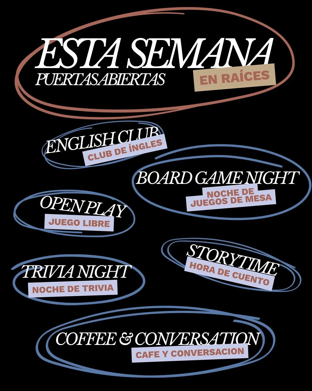 &iexcl;Es la semana de puertas abiertas en Ra&iacute;ces! 🚪🎈
&iexcl;Descubre lo que est&aacute; pasando para familias, para universitarios y para todos! 🙂

Env&iacute;anos un mensaje si tienes preguntas sobre alguno de los eventos. 
&iexcl;Nos vem