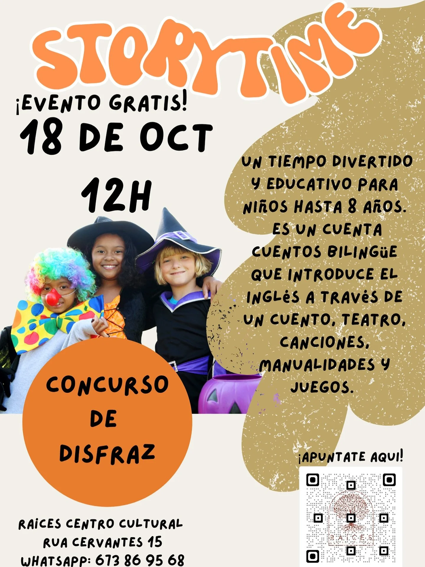 👻 &iexcl;Diversi&oacute;n, disfraces y cuentos!
Este s&aacute;bado 18 de octubre disfruta de un Storytime biling&uuml;e lleno de juegos, canciones y sorpresas 🎃
🧁 &iexcl;Evento gratuito solo tienes que apuntarte para reservar tu plaza! #PequesBili