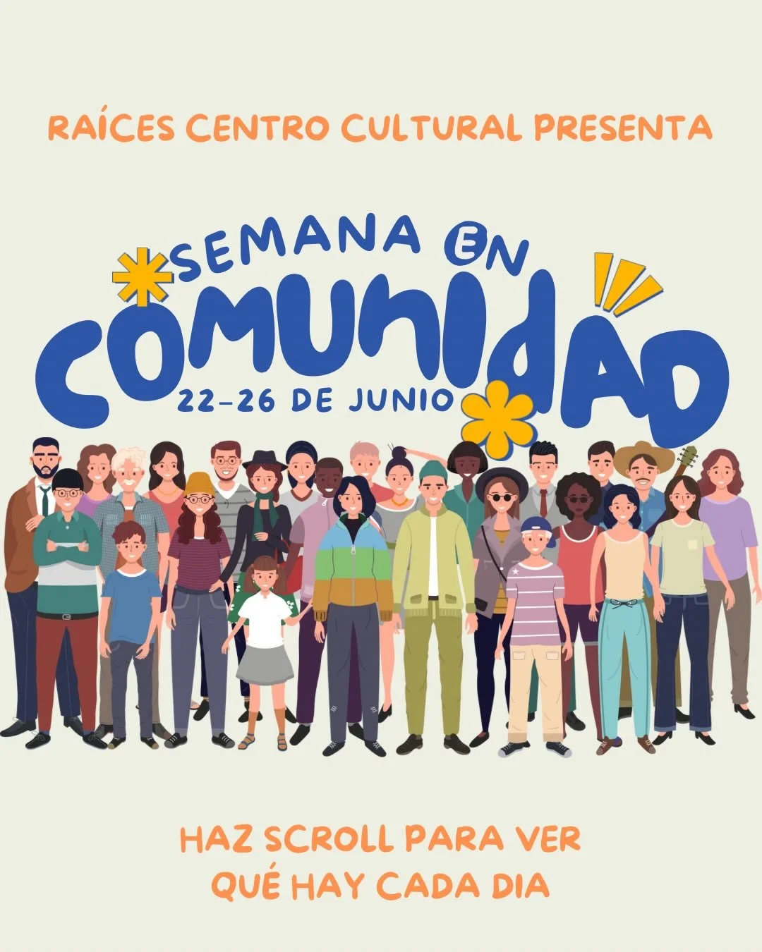 🌞 &iexcl;Llega la Semana en Comunidad a Ra&iacute;ces Centro Cultural!

Del 22 al 26 de junio queremos compartir contigo una semana llena de conversaci&oacute;n, juegos, m&uacute;sica y buenos momentos. 

Programaci&oacute;n:
✨ English Club
🎲 Noche