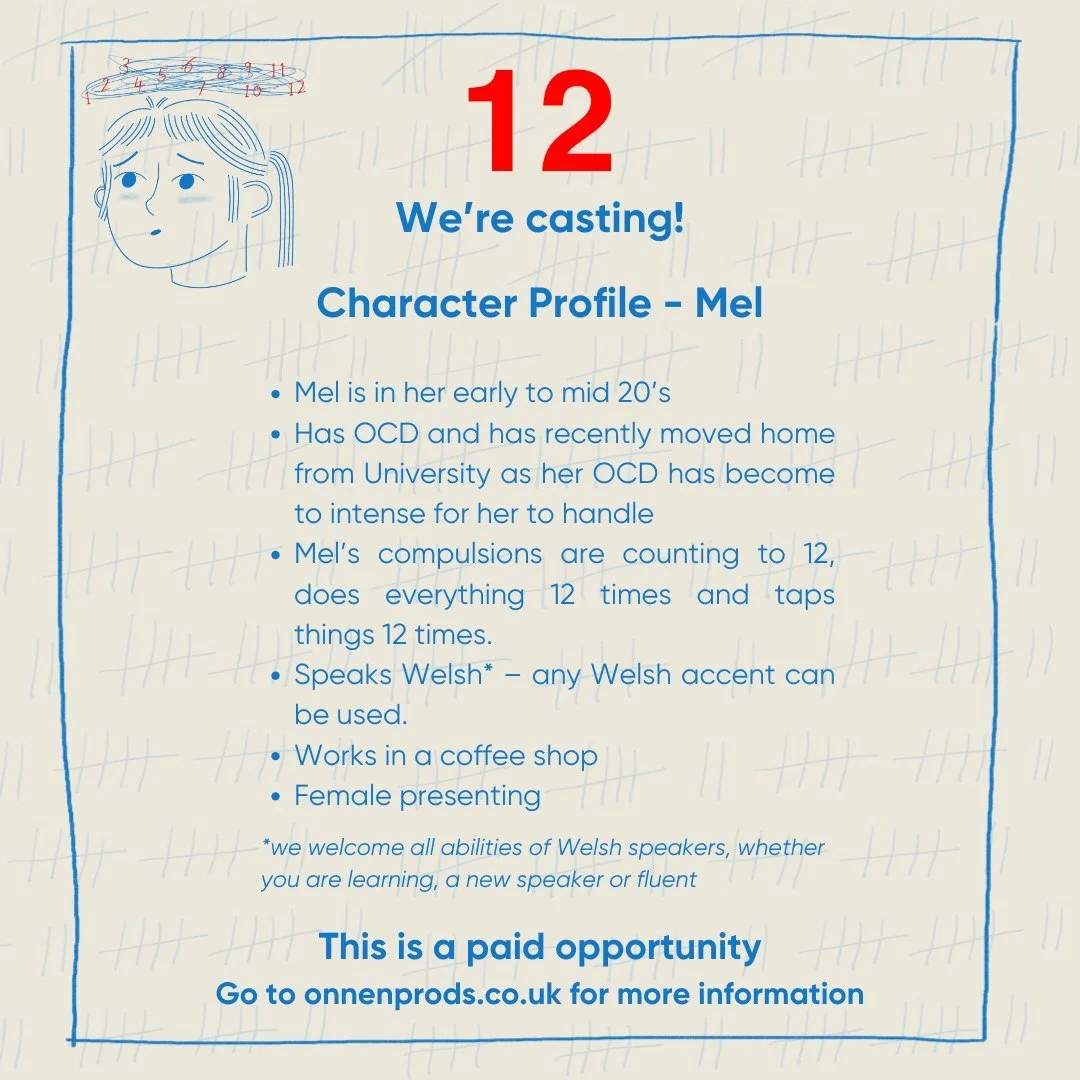 We're Casting! Ni'n castio!
We're looking to cast Mel for our one person show - 12
More details at: onnenprods.co.uk/newyddion-news/were-casting