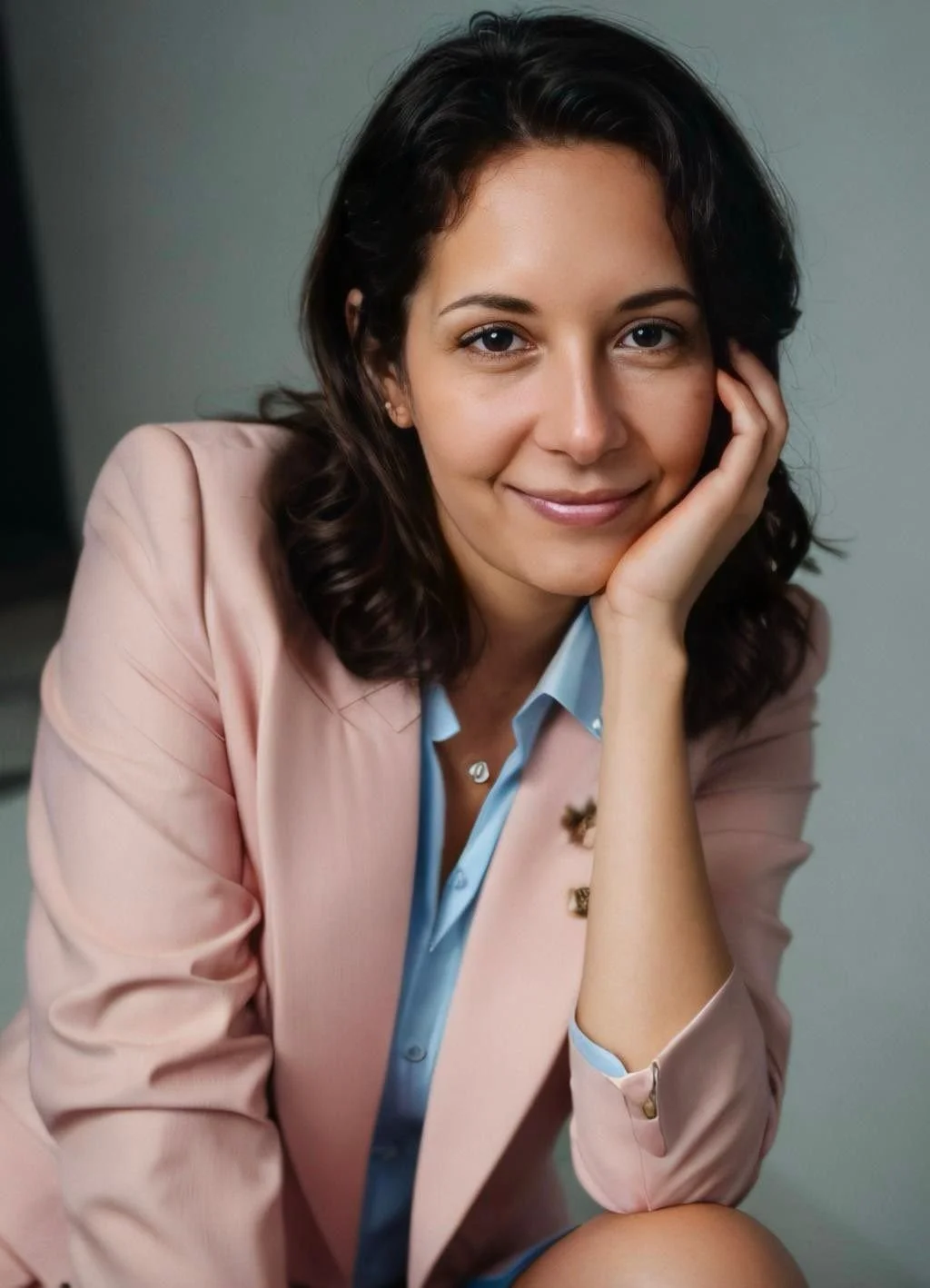 Ragazza sorridente con capelli castani, vestita con una giacca rosa e camicia azzurra, che si appoggia alla mano sulla guancia