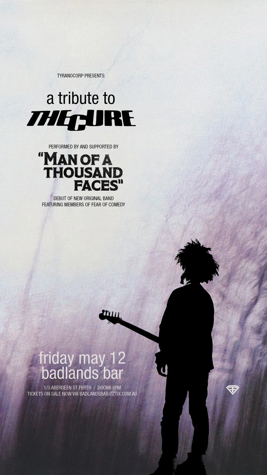 Silhouette of a person with messy hair holding an electric guitar against a abstract purple and gray background. Text over the image mentions a tribute event for The Cure, performance by 'Man of a Thousand Faces', happening on Friday, May 12 at Badlands Bar in Perth.