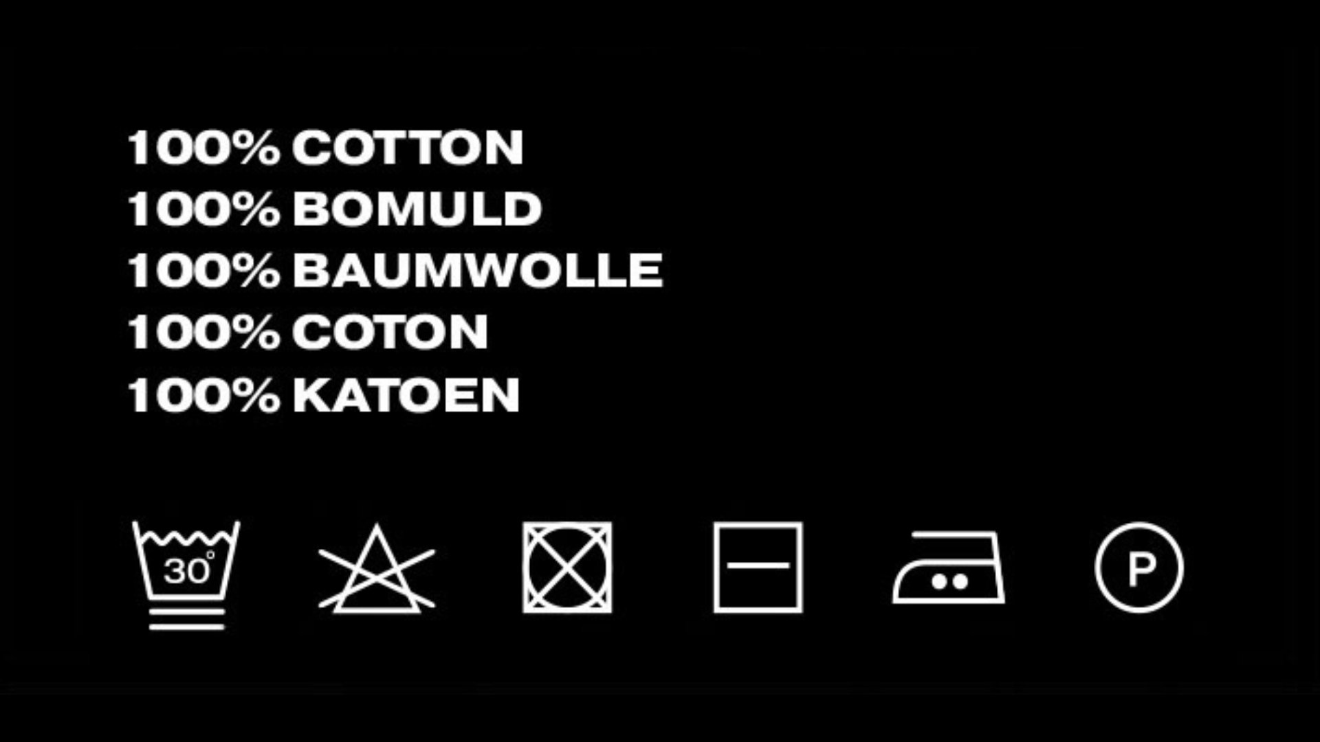 REZON8T garment care label — 100% cotton in five languages with washing symbols: machine wash at 30°C, do not bleach, tumble dry low, iron medium, professional dry clean.