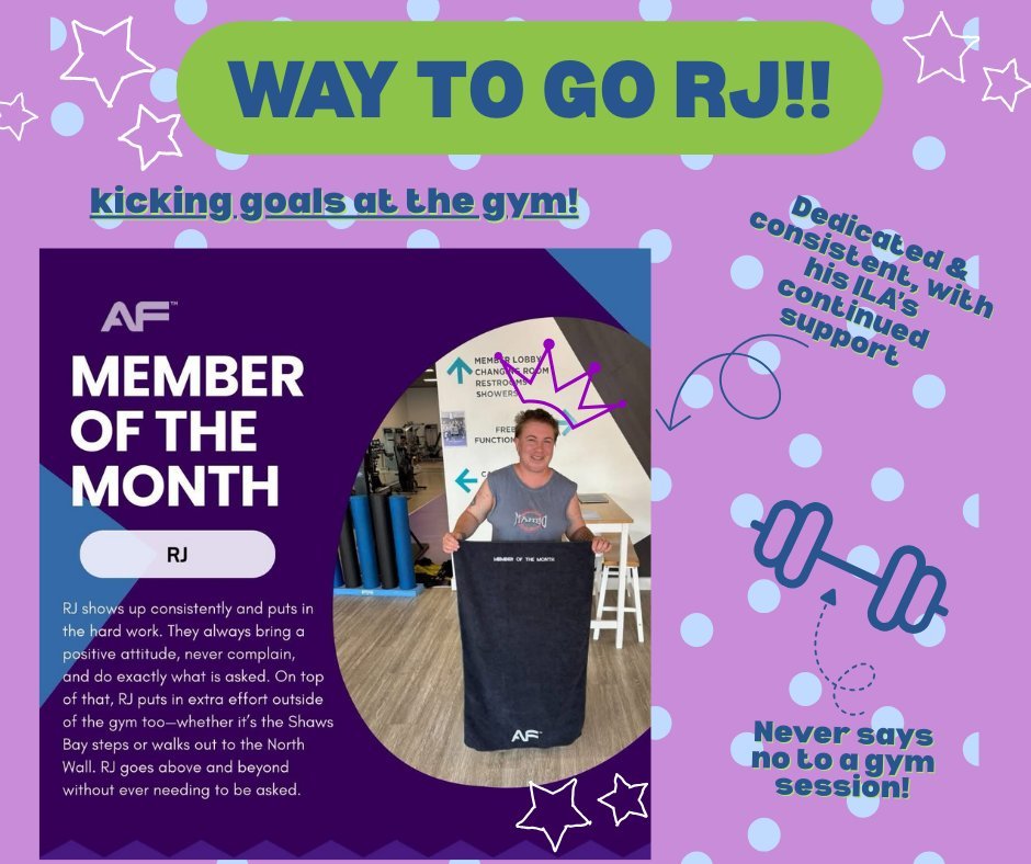 Promotional gym graphic with purple and green colours reading “Way to Go RJ!!” and “Member of the Month RJ.” RJ is pictured inside a gym holding a towel and smiling. The design includes stars, a crown doodle above his head, a dumbbell illustration, a