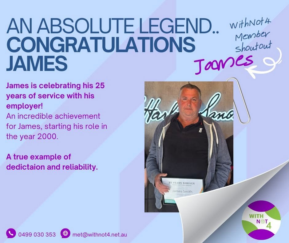 A celebratory graphic congratulating James on 25 years of service. The design features blue and purple tones with bold text reading “An Absolute Legend.. Congratulations James.” A photo shows James holding a certificate recognising his 25 years of se