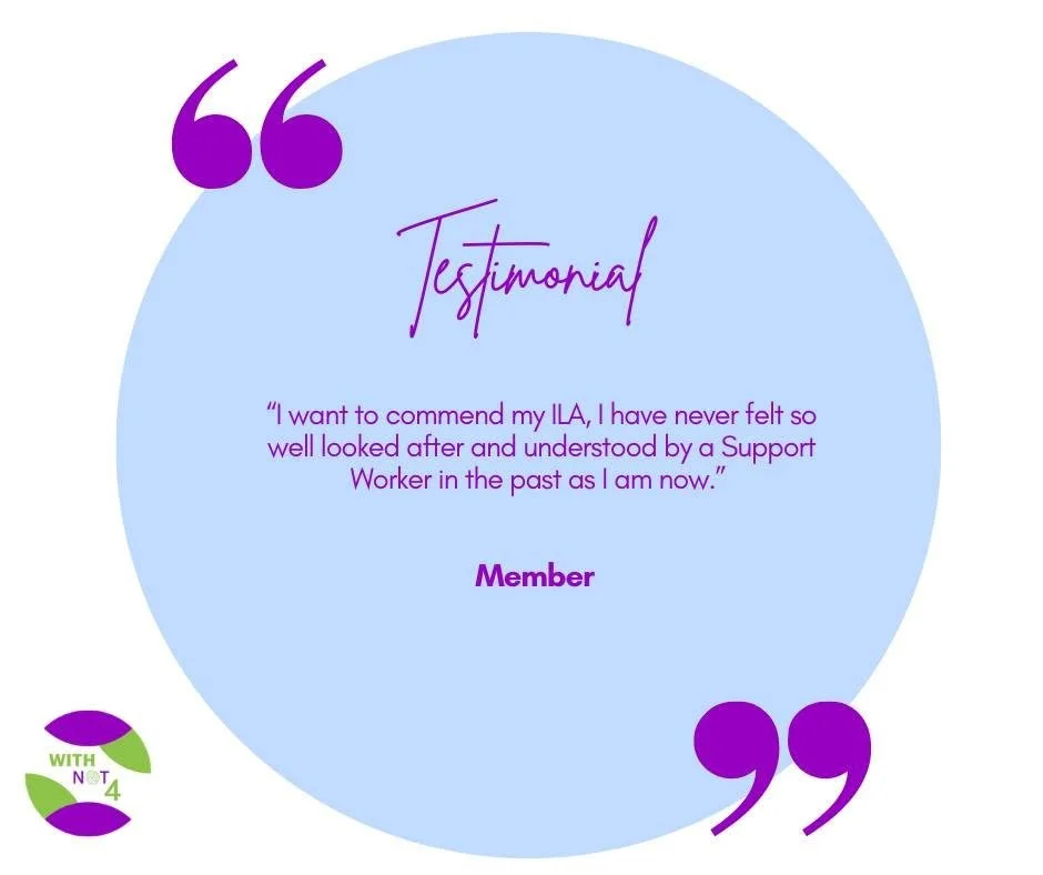 A testimonial graphic with a light blue circular background and purple quotation marks at the top and bottom. The word “Testimonial” appears in a stylised script in the center. The quote reads: “I want to commend my ILA, I have never felt so well loo