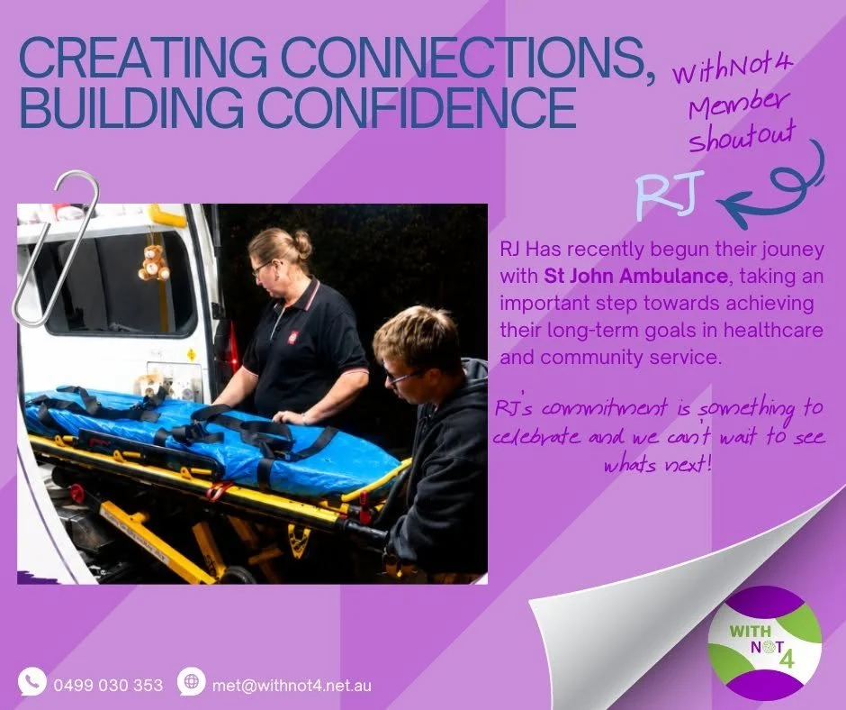 Image titled "Creating Connections, Building Confidence" and "WithNot4 Member Shoutout RJ". Image of two people in the evening working together to slide a stretcher into the St John's Ambulance van. The people are focused and working together on the 