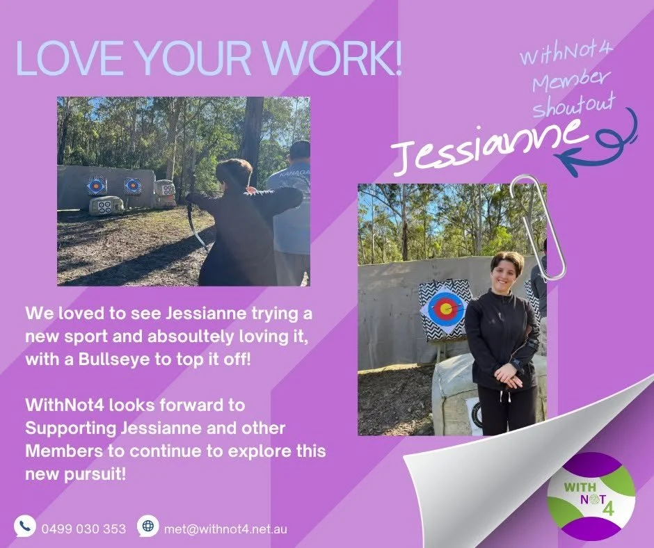 A purple promotional collage-style image celebrating a Member experience. The top left reads “LOVE YOUR WORK!” over a photo of a person outdoors at an archery range aiming a bow at targets in a wooded setting. The top right includes handwritten-style