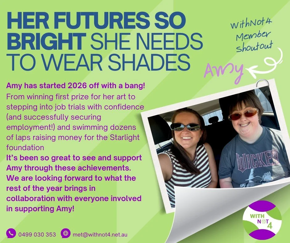 Graphic with a green background and bold blue headline reading “Her future’s so bright she needs to wear shades.” The post celebrates Amy’s achievements in 2026, including winning first prize for her art, securing employment after job trials, and swi
