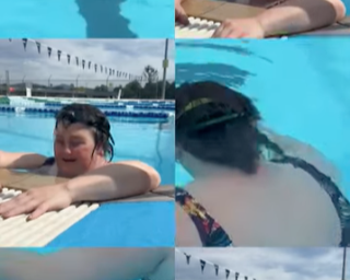 Video showing a swimmer participating in a swimming activity demonstrating determination, enjoyment, and achievement while being encouraged and supported in a positive, inclusive environment. Text that appears during this short clip of Amy swimming a