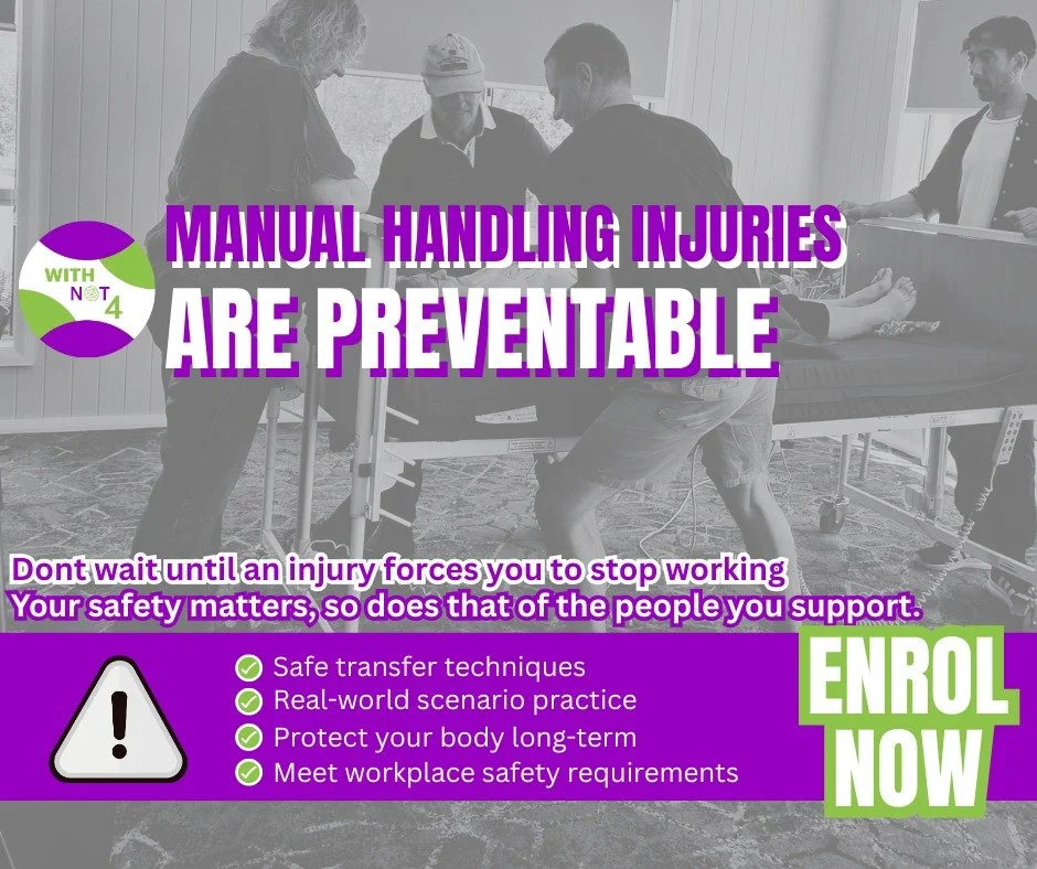 Black and white image of several WithNot4 ILAs demonstrating a safe client transfer on a mechanical bed. Overlaid bold purple and green text reads “Manual Handling Injuries Are Preventable.” Additional text promotes safe transfer techniques, real-wor