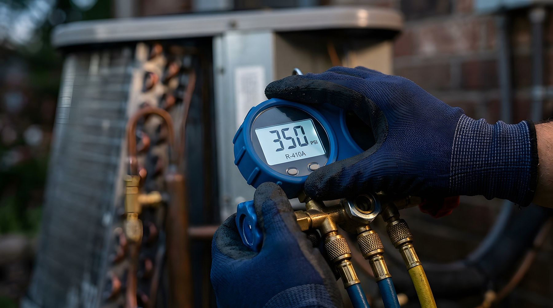 HVAC technician measuring the PSI levels of R-410A refrigerant.png