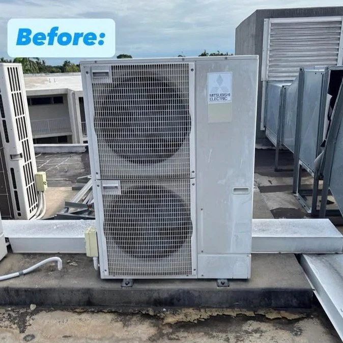 Check out this recent replacement of an aging 12.5kW cassette unit with a brand-new Panasonic 12.5kW cassette system — delivering improved performance and reliability.
Originally, the outdoor unit was mounted on the roof. Which made future serv