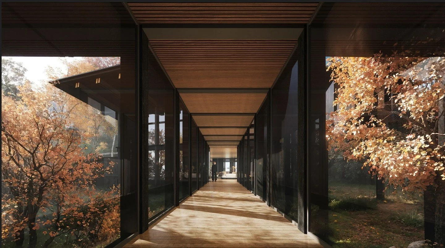 The Mountain Passage within the Montenegro masterplan offers a pathway connecting the Arrival Pavilion to the Mountain Wing where guests can stay. 

The passageways provide unobstructed panoramic vistas of the deciduous trees that encompass the archi