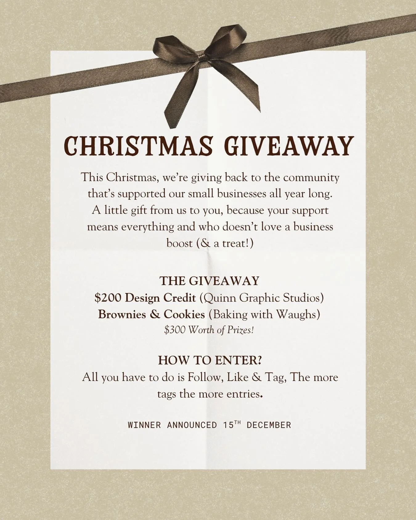 Giving back never looked this sweet! 🍫

We&rsquo;re teaming up with Baking with Waughs for a festive giveaway, think brownies, cookies &amp; a $200 design credit(yep, a business glow up and dessert 😍)

HOW TO ENTER:
🤎 Like this post
🤎 Tag your fr