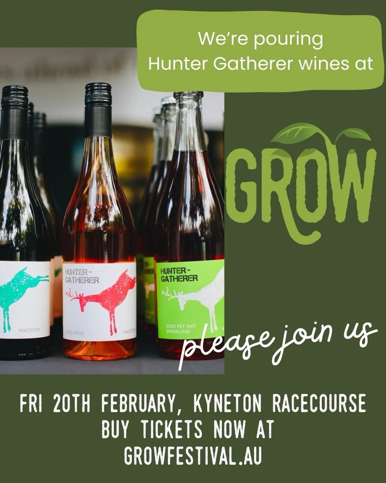 A cool news splash! 🥂

We&rsquo;ll be pouring local Hunter Gatherer wines in the GROW Lounge. Yay! 

Brian and Ros Martin&rsquo;s Pipers Creek 5ha, 20-plus-year-old vineyard is farmed in a regenerative manner with a focus on soil health

They&rsquo;