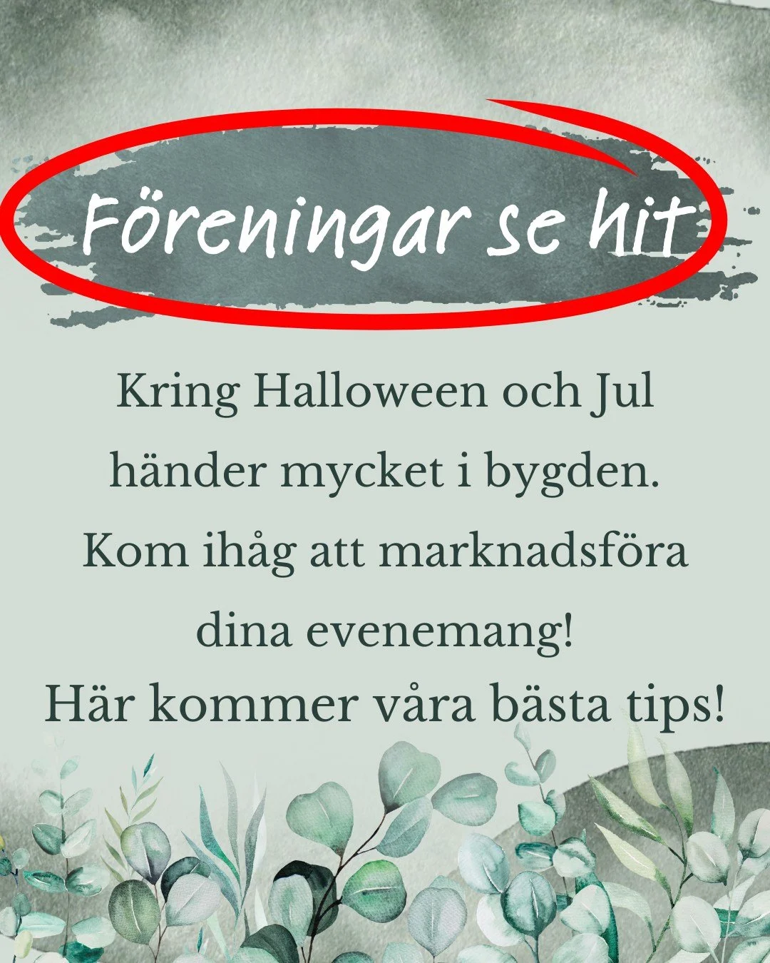 Nu &auml;r det m&aring;nga roliga saker som h&auml;nder! 👻🎃
H&auml;r kommer v&aring;ra b&auml;sta tips f&ouml;r att s&auml;kerst&auml;lla att m&aring;nga f&aring;r reda p&aring; vad som h&auml;nder i bygden! ✨

Tveka inte att h&ouml;ra av dig vid f