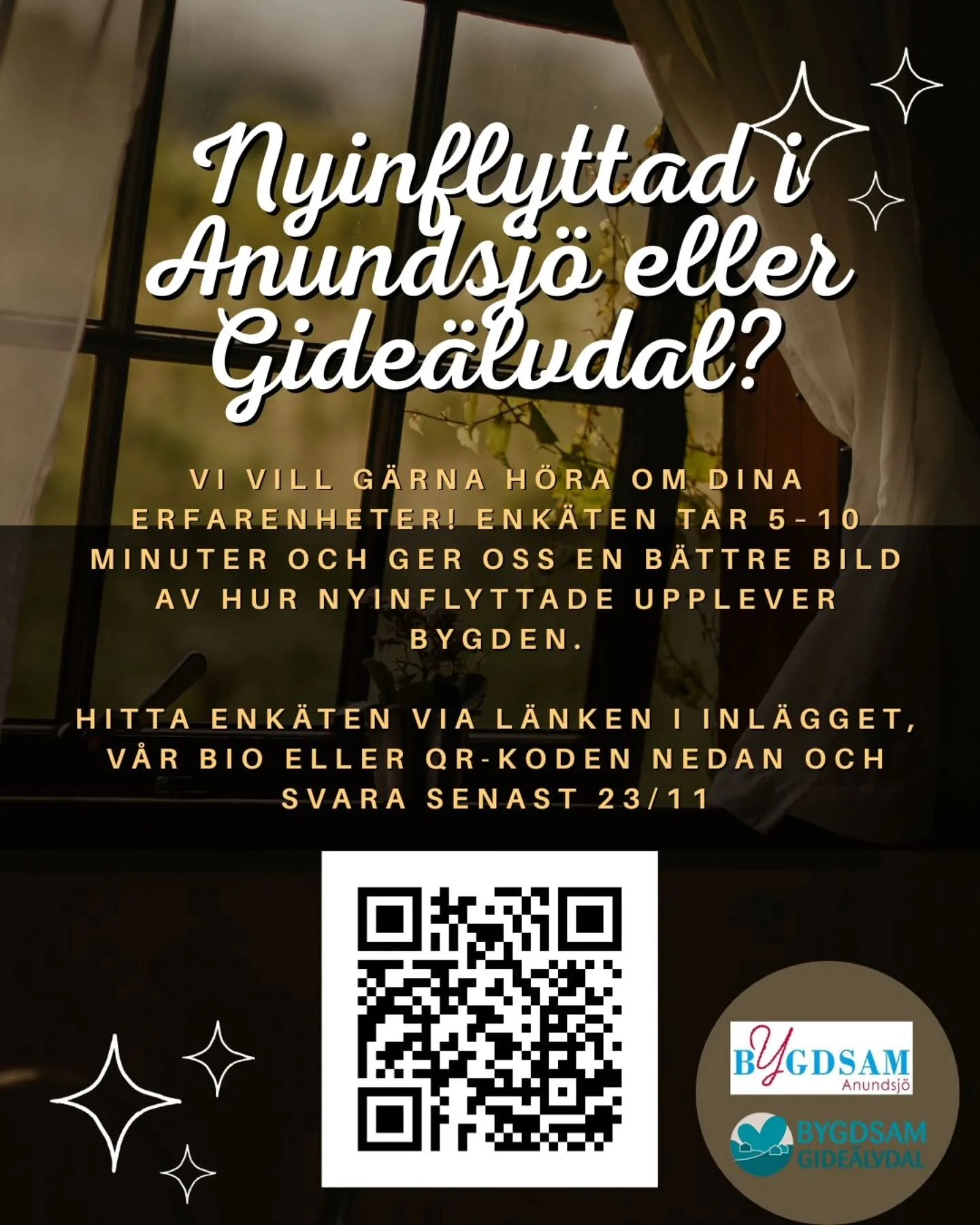 Har du nyligen flyttat till Anundsj&ouml; eller Gide&auml;lvdal? 🏡
Ber&auml;tta hur du upplever bygden i v&aring;r enk&auml;t &ndash; det tar bara n&aring;gra minuter!
🔗 L&auml;nk i bio eller scanna QR-koden.
#Bygdsam #Bygdeliv #Anundsj&ouml; #gide
