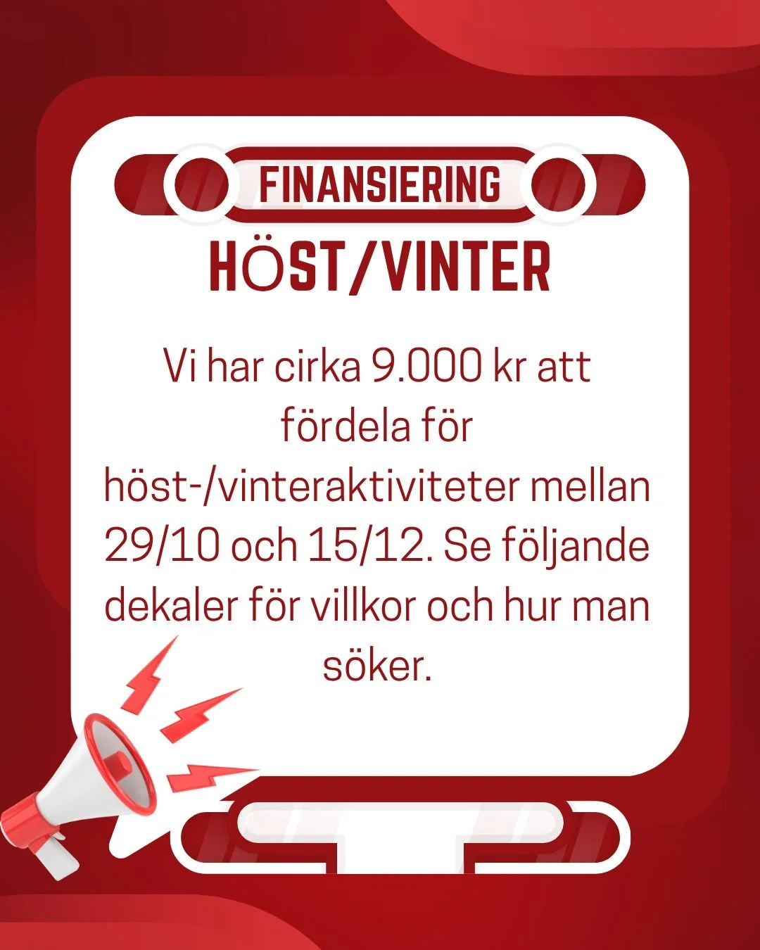 📢 F&ouml;reningar se hit! 📢
Nu kan ni s&ouml;ka bidrag f&ouml;r h&ouml;st-/vinteraktiviteter.
H&ouml;jden av bidrag var och en f&ouml;rening kan f&aring; beror p&aring; antal s&ouml;kande, s&aring; tveka inte och fyll i formul&auml;ret.
Pengarna be