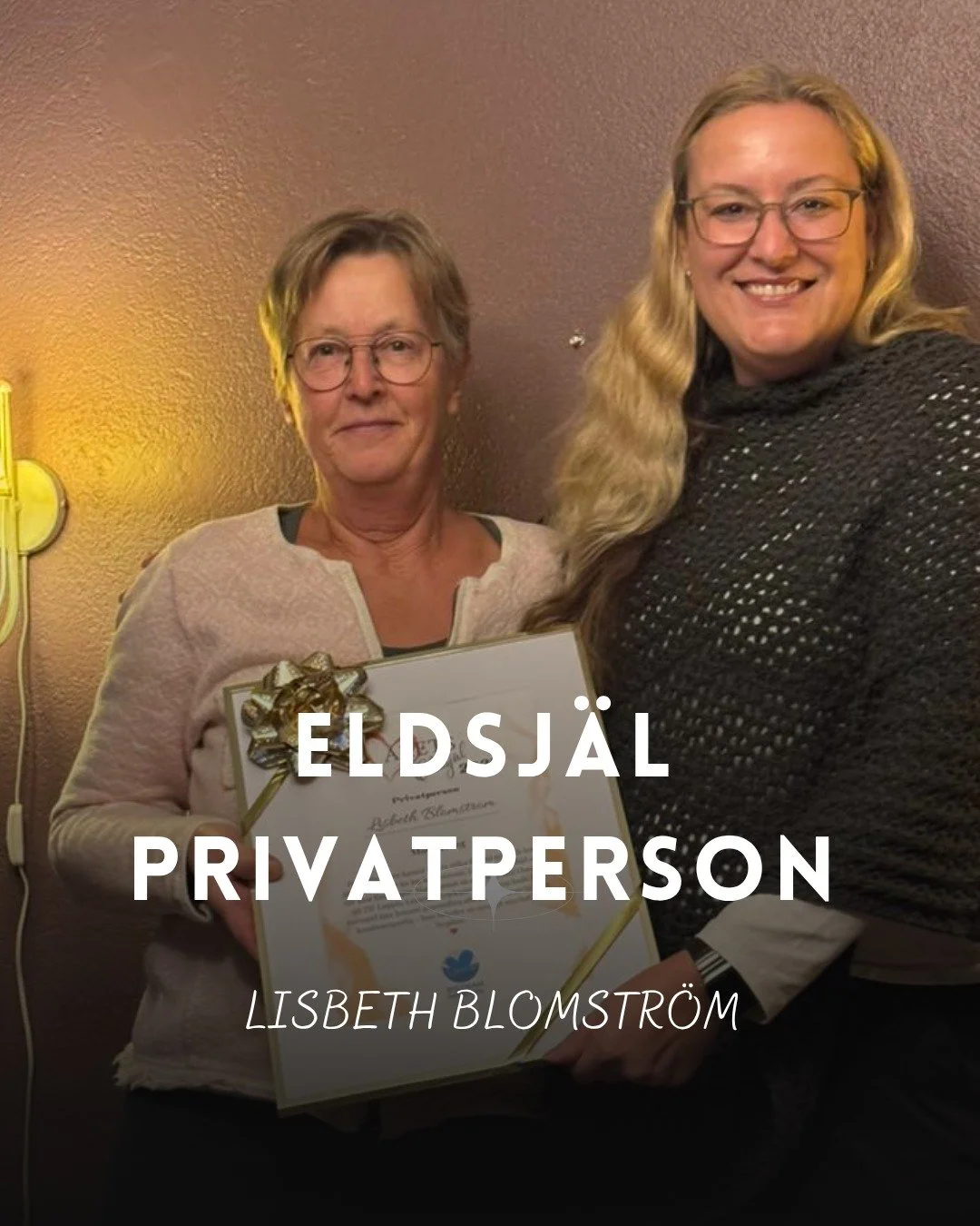 Sist men inte minst har vi &auml;ran att hylla v&aring;r tredje vinnare av eldsj&auml;lspriset i kategorin privatperson: Lisbeth Blomstr&ouml;m.
Utan m&auml;nniskor som henne skulle m&aring;nga f&ouml;reningar och aktiviteter i bygden fallera.

Vilka