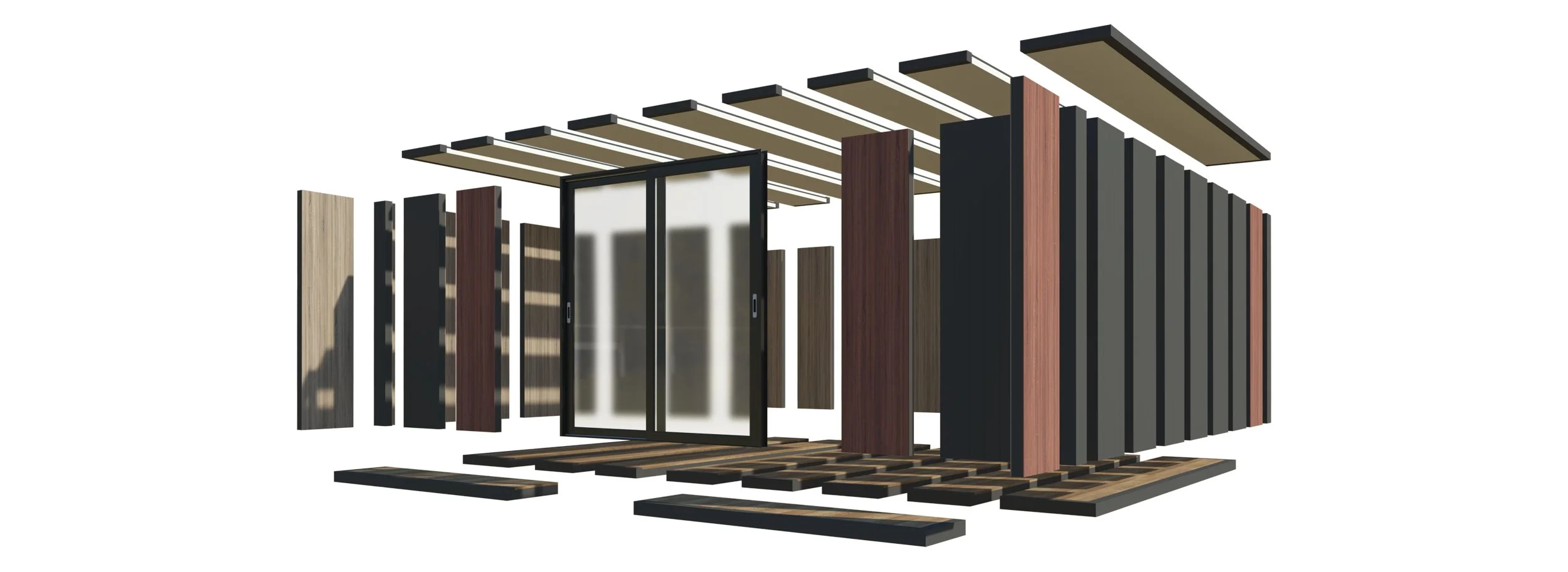 Modèle 3D d'une structure architecturale en bois en cours d'assemblage, avec des panneaux et une fenêtre coulissante.