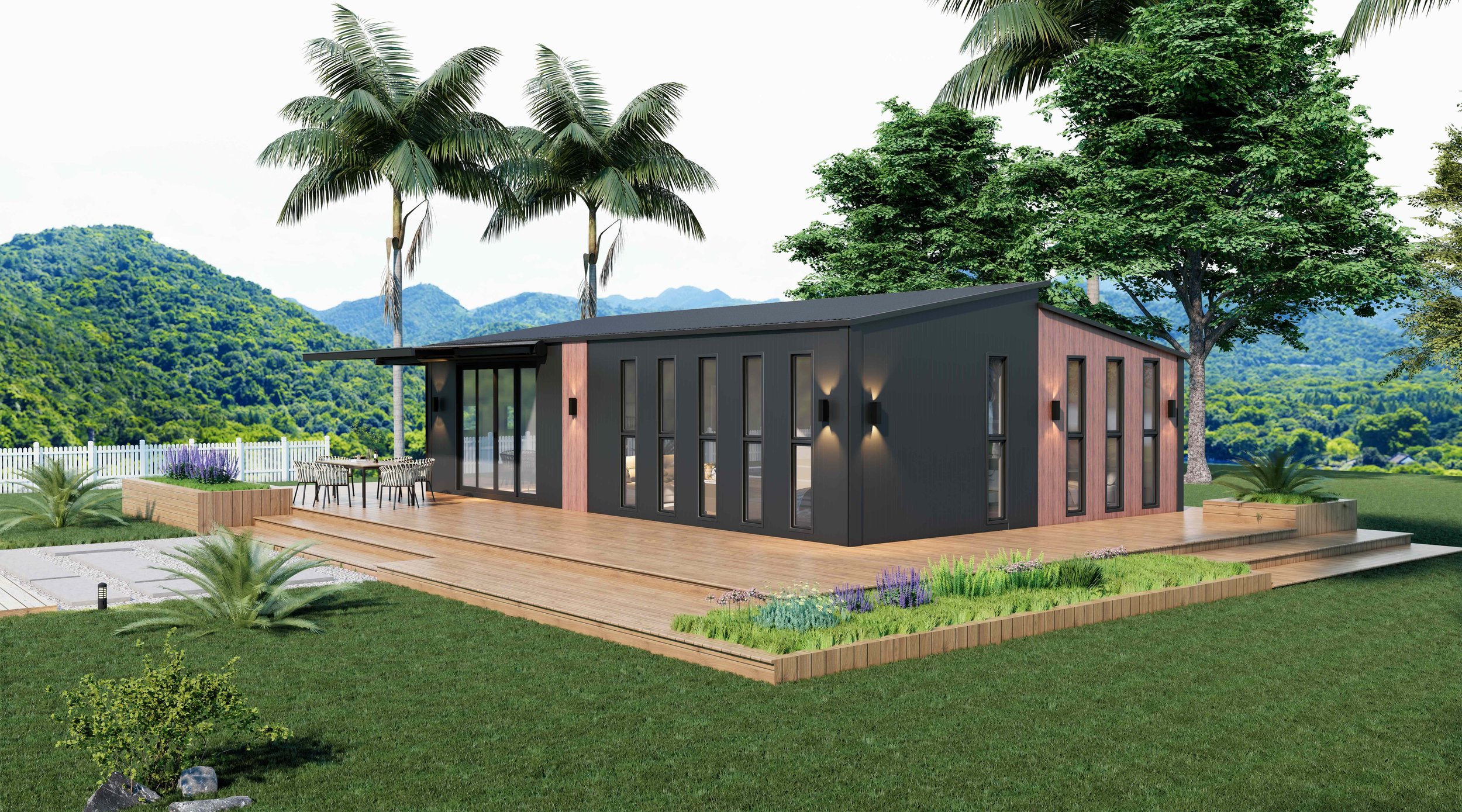 Maison modulaire contemporaine avec grande baie vitrée et design minimaliste, intégrée dans un environnement naturel.
