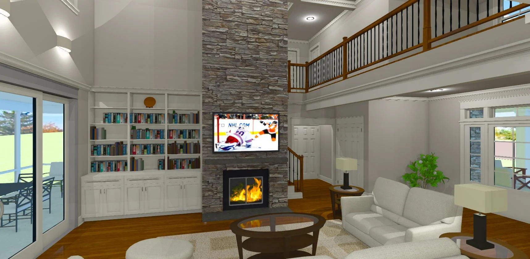 Stone veneer fireplace in living room