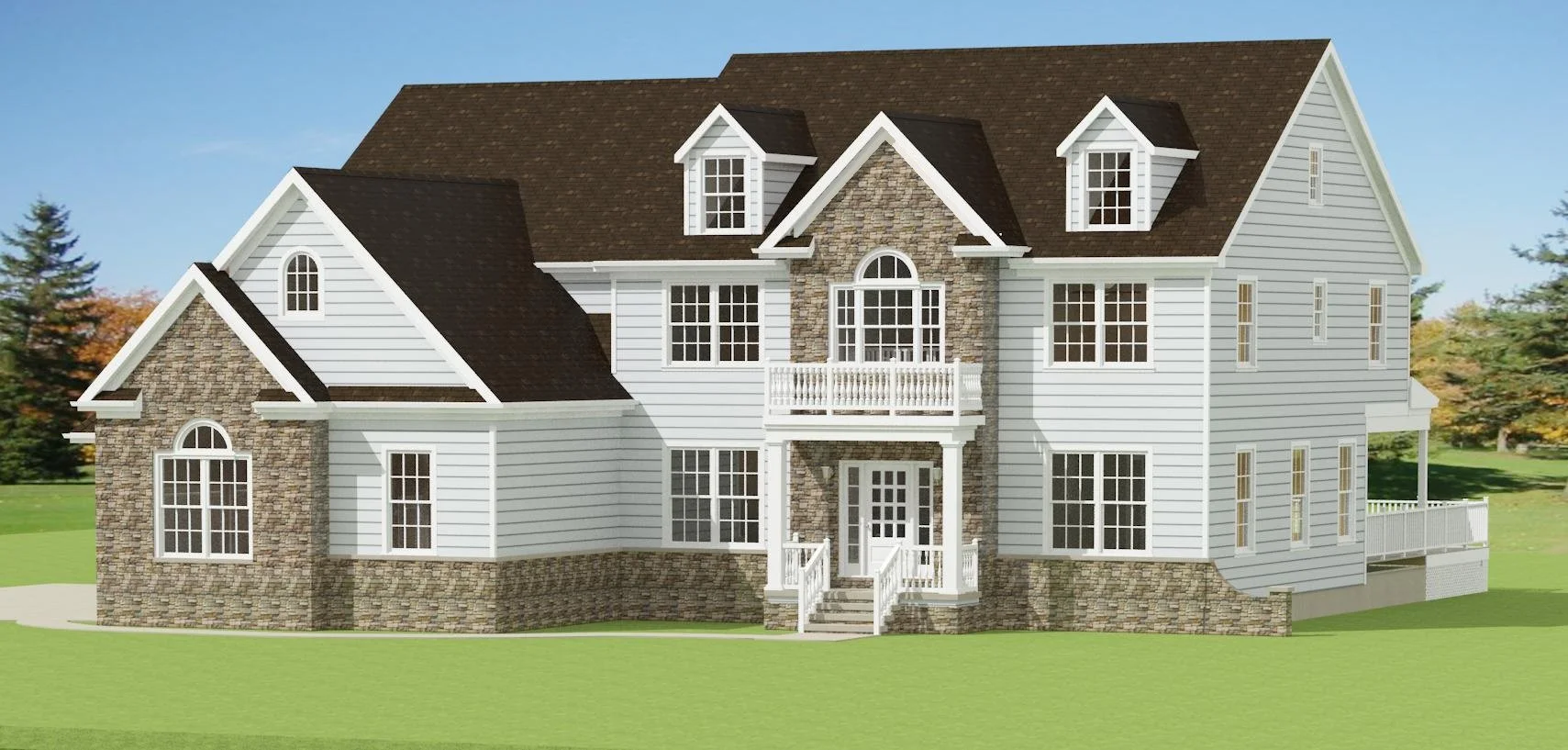 Front of two-story home with stone facade