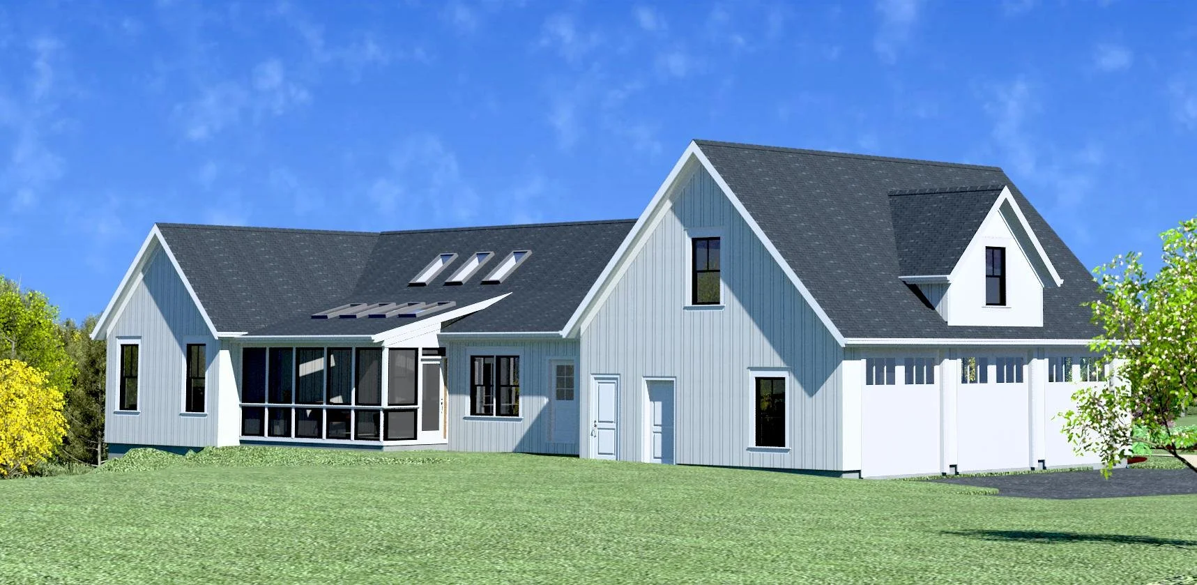 Rear left of home with sunroom and skylights