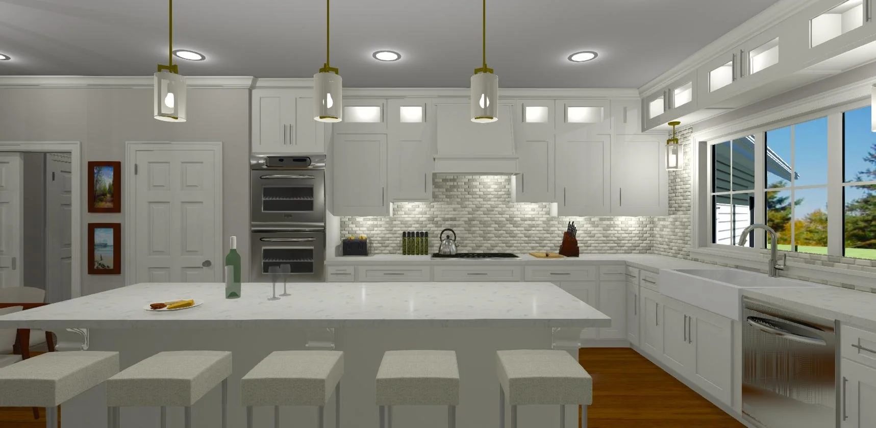 Kitchen with center island and transom windows