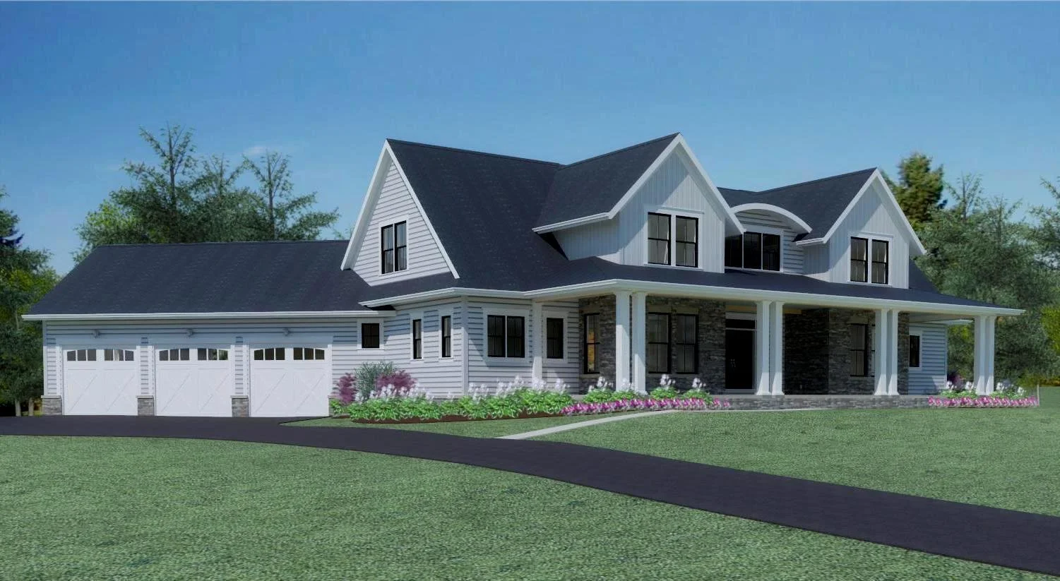 3D Model of two-story home with 3-car garage
