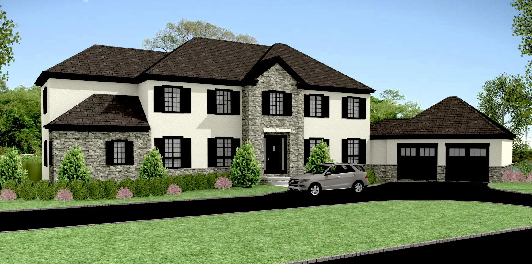 3D model of two-story home with stone facade