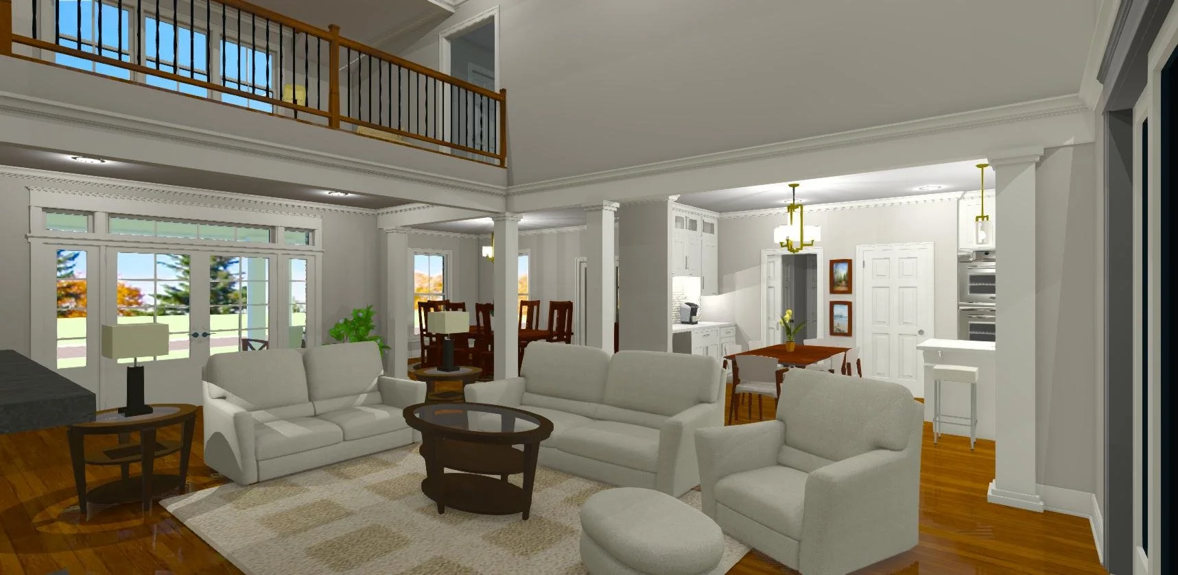 Living room with second floor balcony
