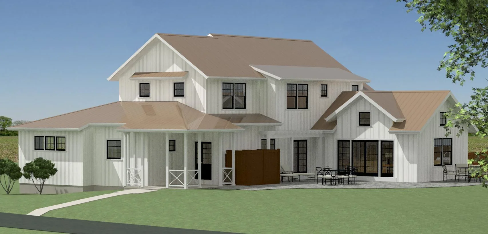 Rear of modern farmhouse with patio