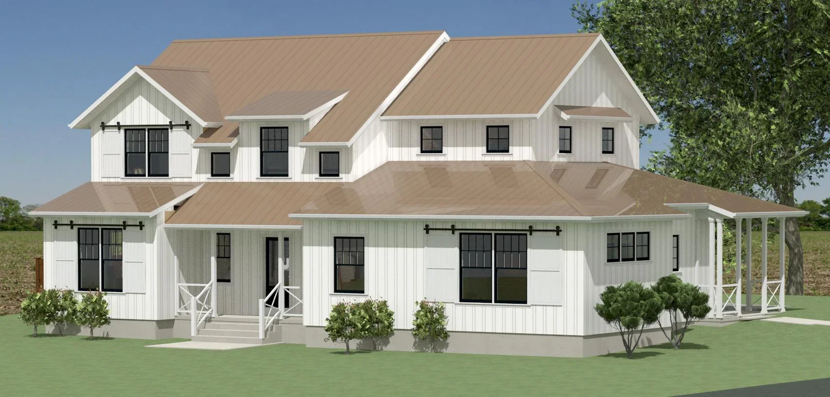 Front right of farmhouse with metal roof