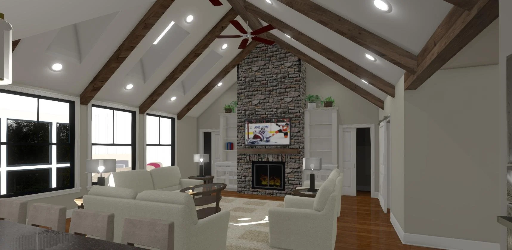 Living room with wood timber beams