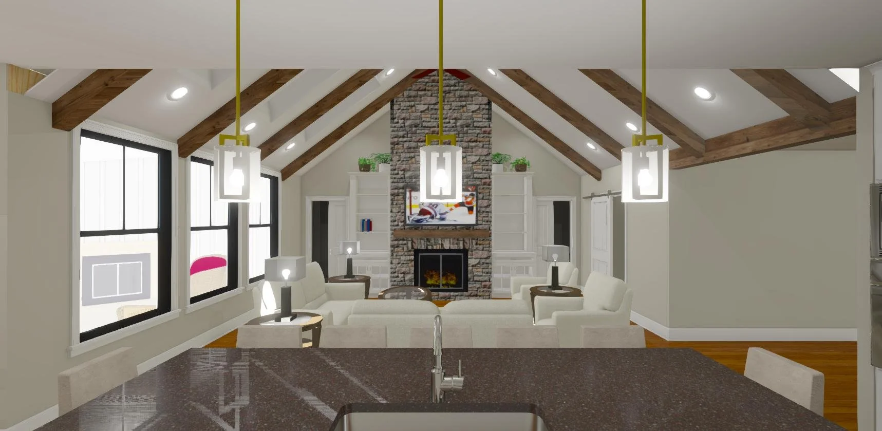 Living room with stone fireplace