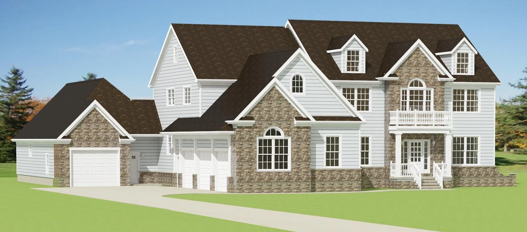 Front left of two-story home with four-car garage