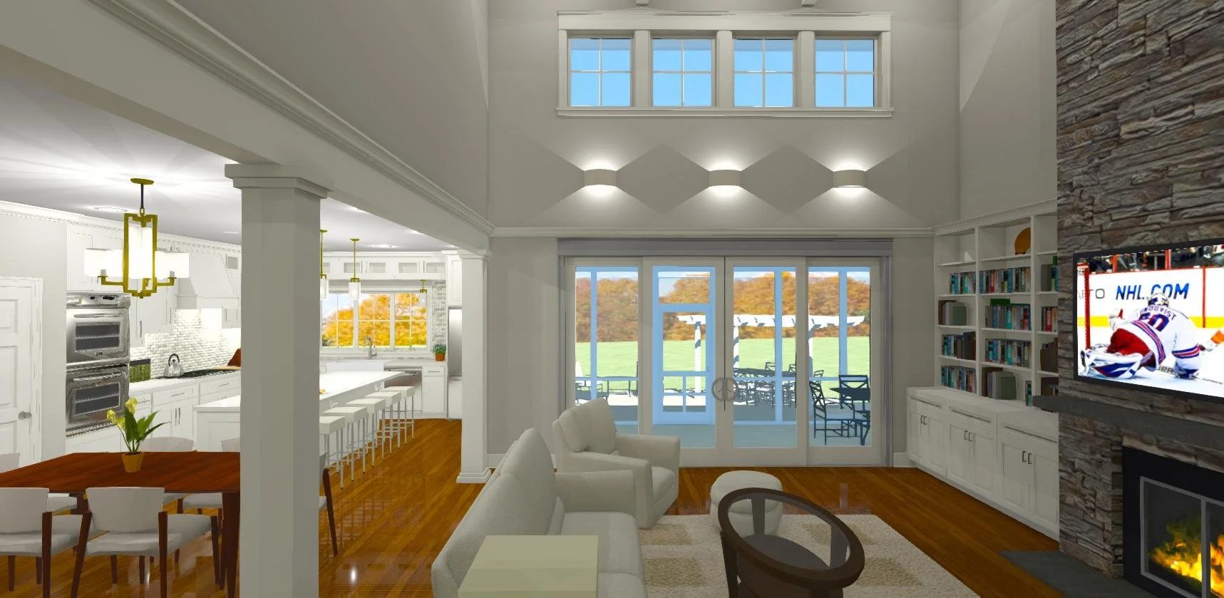 Living room with built in bookshelf, wide sliding glass door, and second floor windows