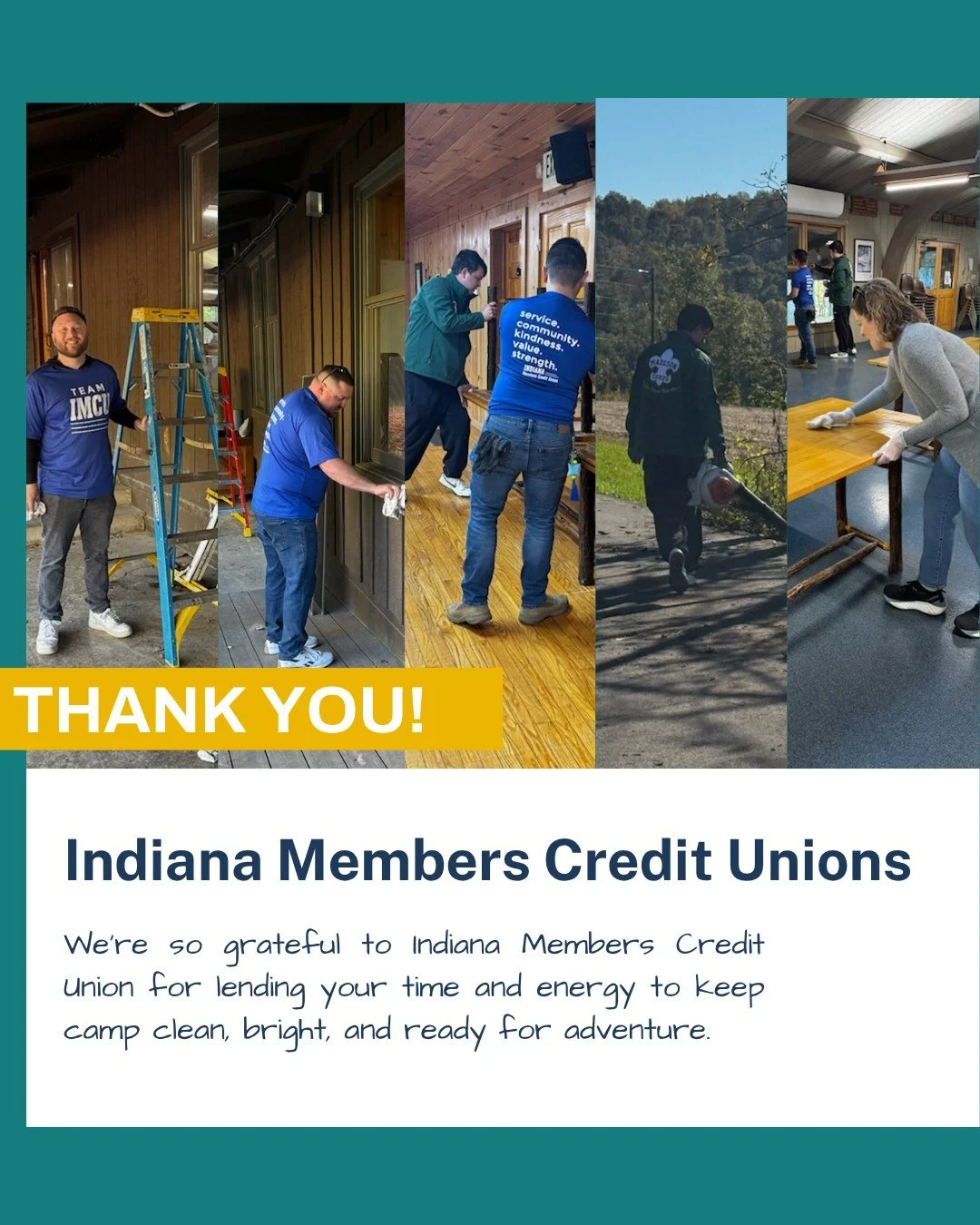 We’re so grateful to @indmemberscu  for lending your time and energy to keep camp clean, bright, and ready for adventure.
Your team helped refresh our cabins, organize program spaces, and clear the paths that guide campers through their favori