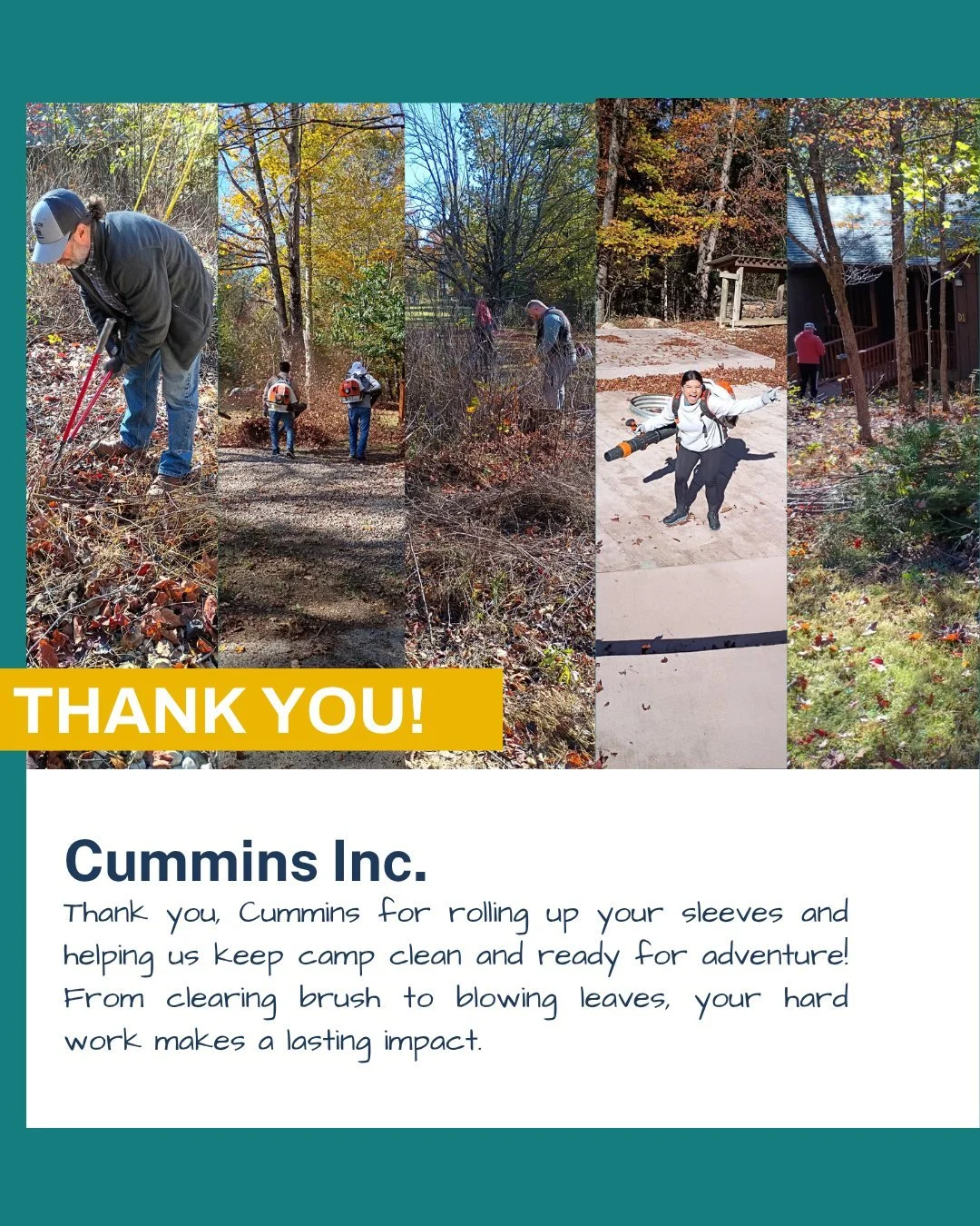 We were thrilled to welcome the @cummins  team to camp for a cleanup day! Their crew tackled brush, limbs, and leaves across camp as they helped us prepare for the seasons ahead.
Partnerships like this help keep Happy Hollow safe, welcoming, and ful