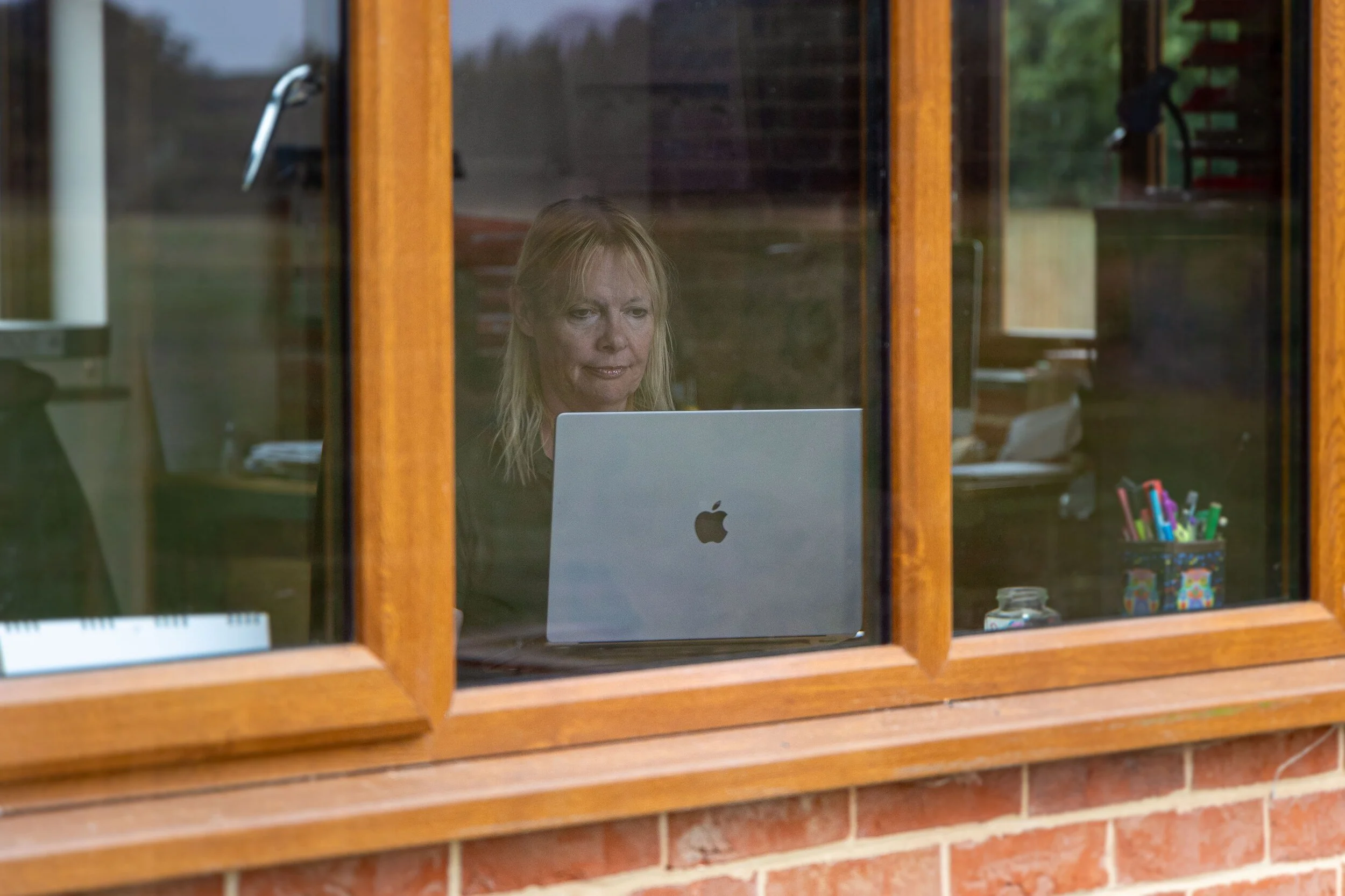 Person working on a laptop through a window.