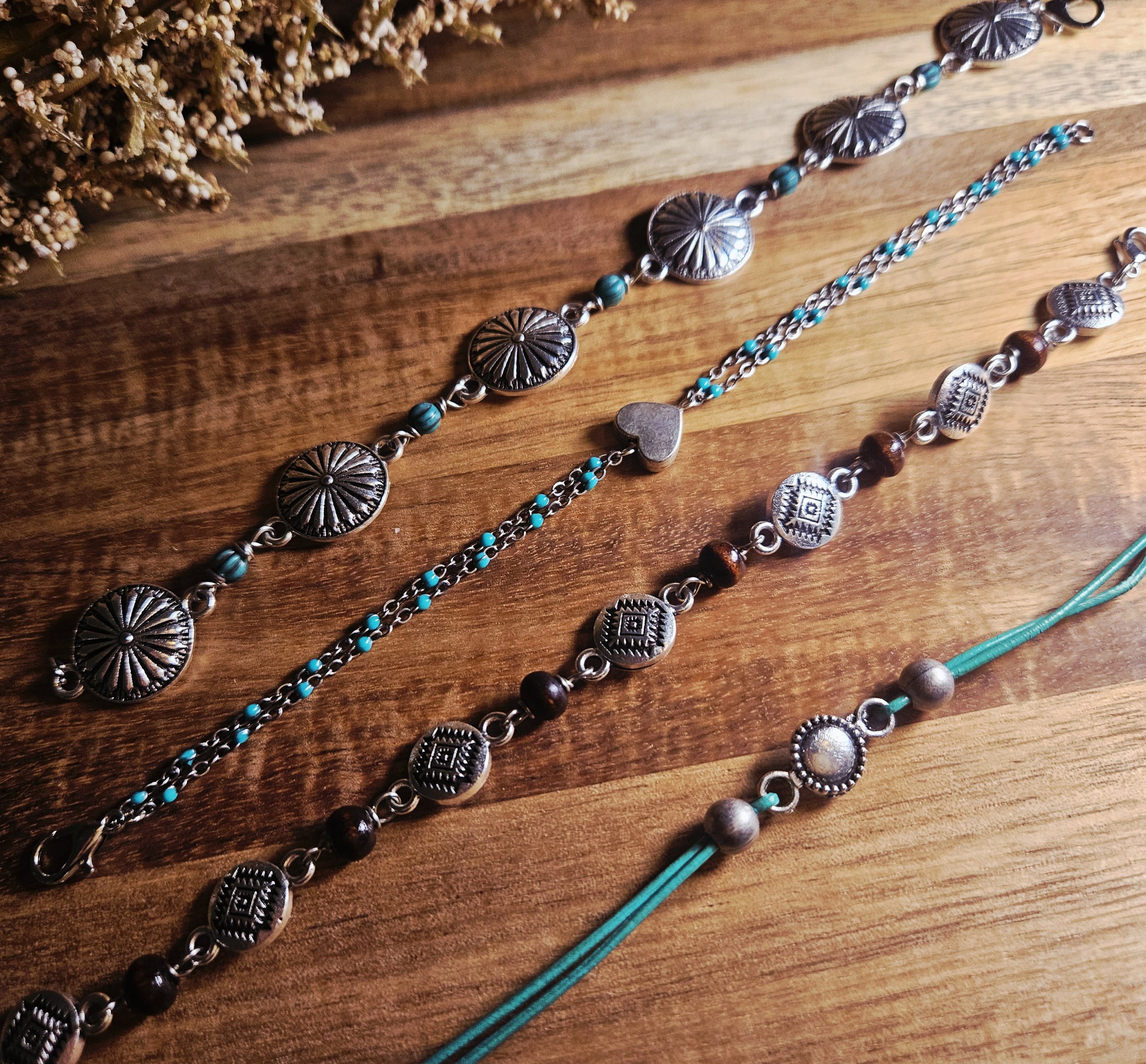 Shop the Cactus Canyon Bracelet—boho western handmade jewelry with wood beads and silver concho. 7.5″ size, perfect for stacking or everyday wear.