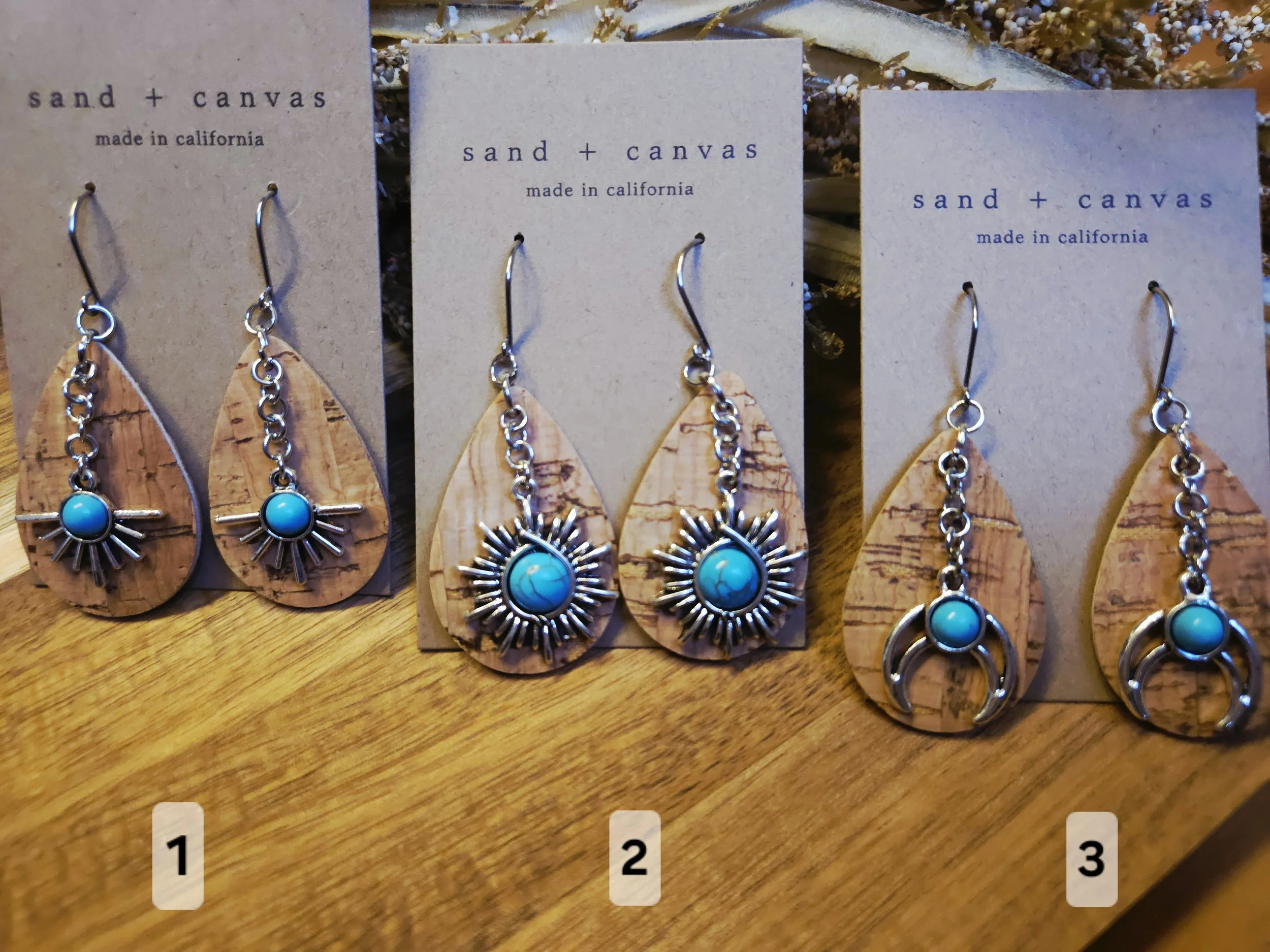 choice of three earrings that have cork, silver, and turquoise in arroyo grande