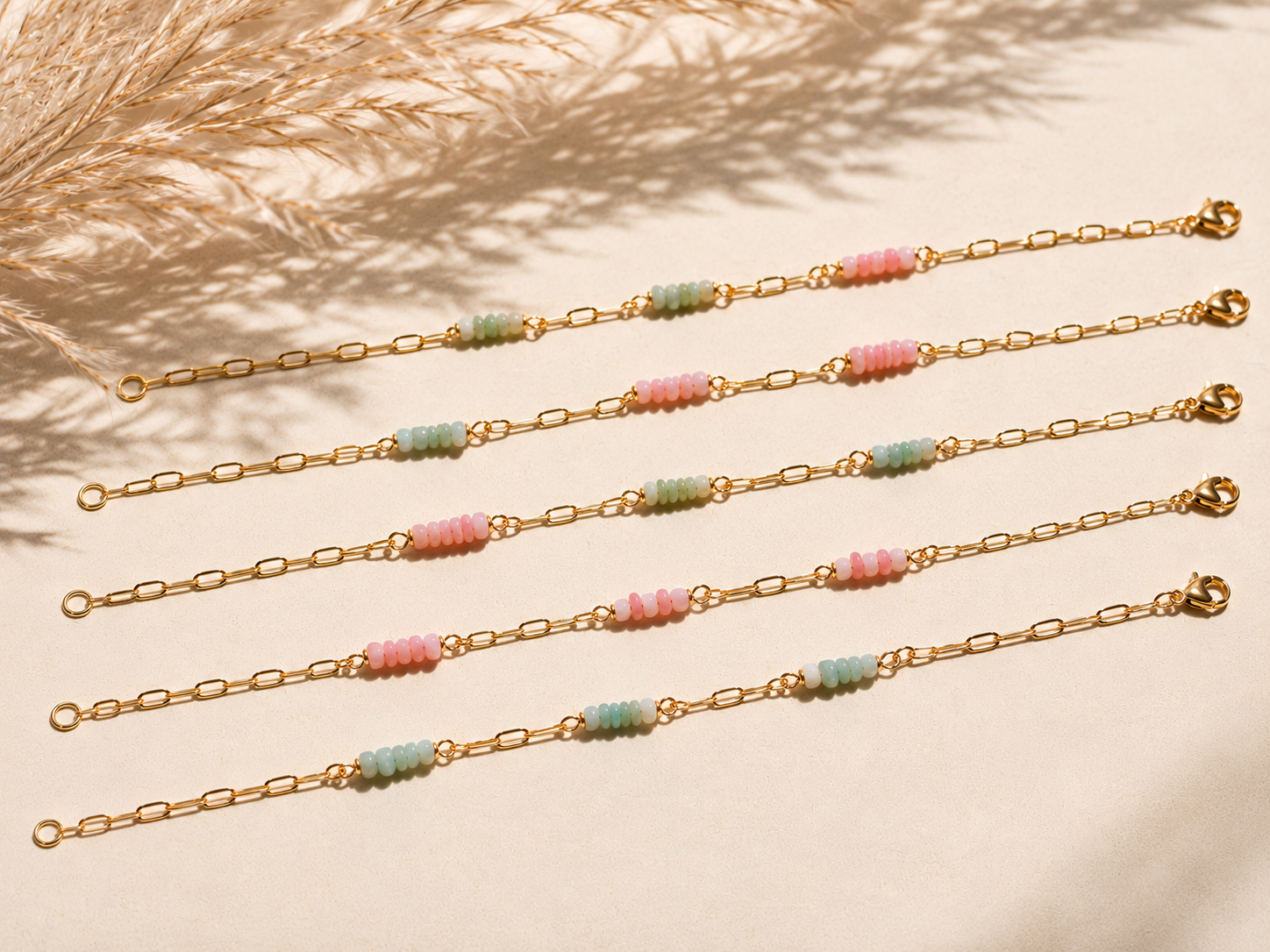 Blue and Pink shell heishi beaded gold paper clip chain bracelets waterproof