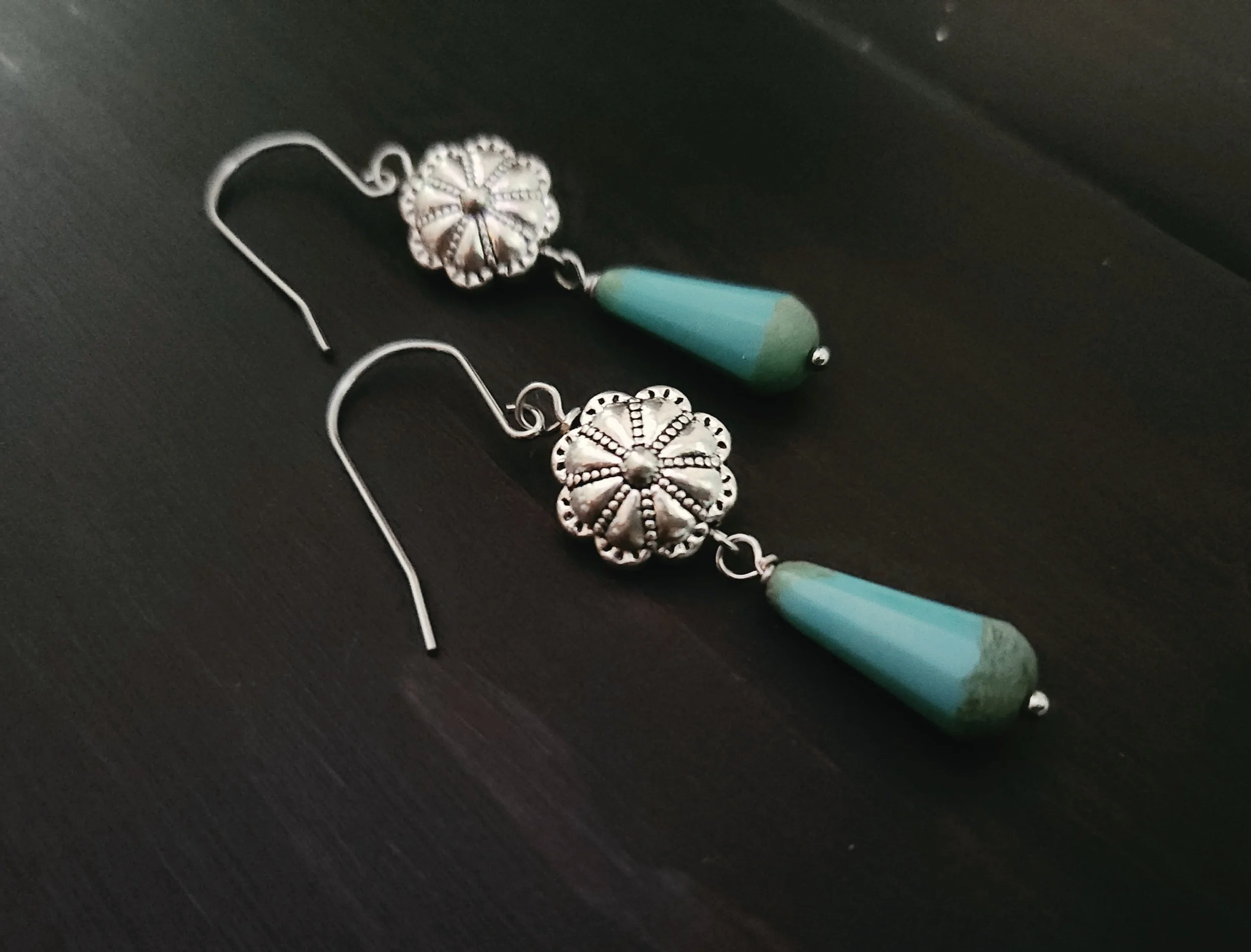Desert Bloom turquoise drop earrings with silver floral concho