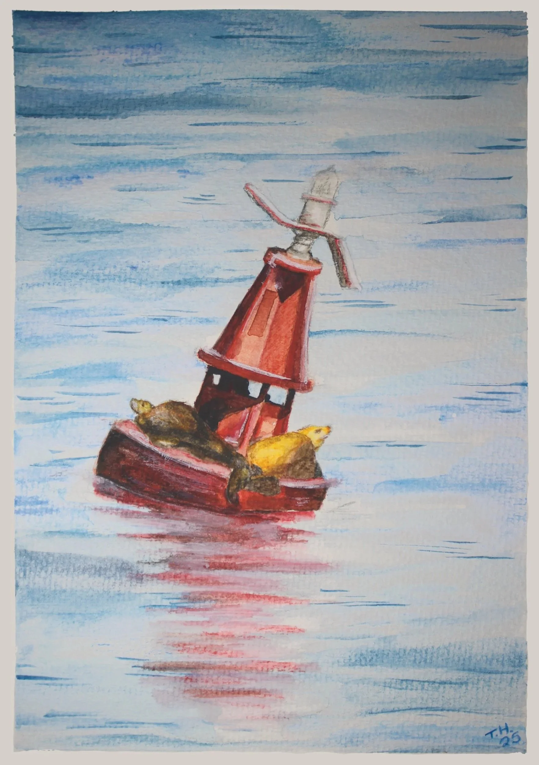 coastal wall art in Avila Beach in California with a red anchor and sealions